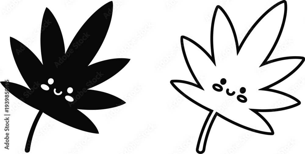 Fototapeta premium Happy cartoon cannabis leaves in black and white isolated on transparent background, Vector