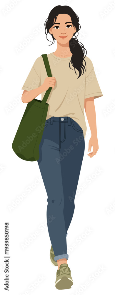 Obraz premium Young woman carrying tote bag walking full body flat design