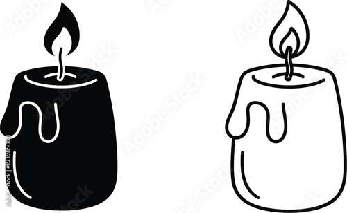 Black and white candles with dripping wax and flames isolated on transparent background, Vector