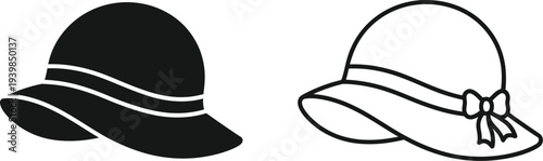 Black and white hats with ribbons isolated on transparent background, Vector