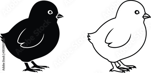 Black and white illustration of two chicks isolated on transparent background, Vector