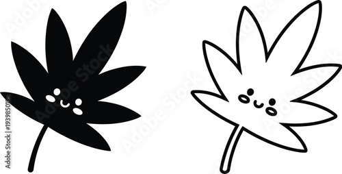 Happy cartoon cannabis leaves in black and white isolated on transparent background, Vector