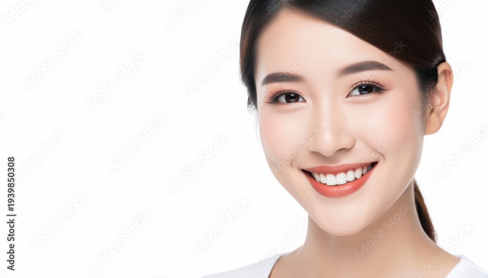 Obraz premium Radiant Beauty: A portrait of a stunning woman, radiating health and serenity, her smile a beacon of confidence. 