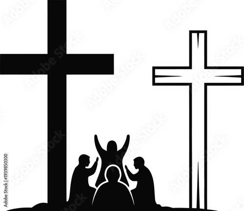 Crucifixion scene with three crosses and praying figures isolated on transparent background, Vector