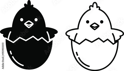 Black and white chicks hatching from eggs isolated on transparent background, Vector