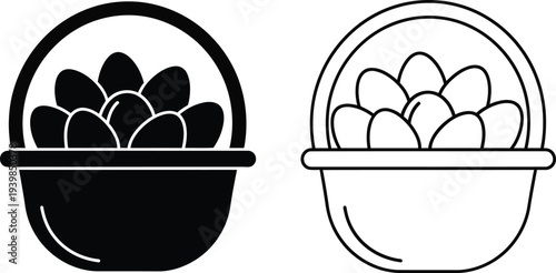 Easter eggs in baskets black and white clip art isolated on transparent background, Vector