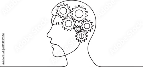 A man and gears made from puzzles. Symbol of logical thinking.one line vector icon illustration