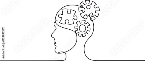 A man and gears made from puzzles. Symbol of logical thinking.one line vector icon illustration