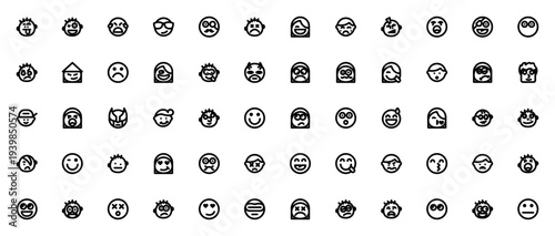 Emoticons icon set. Vector emoji collection. Includes tired, flirt, crying, smug, happy, shocked, superhero, kissing, winking and more expressions.