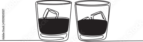 Two whiskey glasses on the rocks one line continuous drawing. Bourbon, scotch, brandy hard drink.one line vector icon illustration