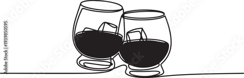 Two whiskey glasses on the rocks one line continuous drawing. Bourbon, scotch, brandy hard drink.one line vector icon illustration