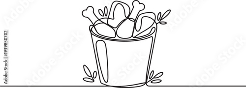 A bucket of fried chicken drumsticks and wings with herbs. Portion of delicious food.one line vector icon illustration
