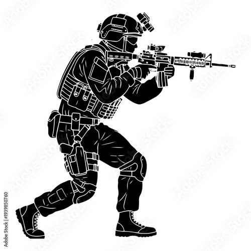 Soldier in Tactical Stance: Silhouette of a battle-ready soldier in a focused tactical stance, wielding a firearm and prepared for action.