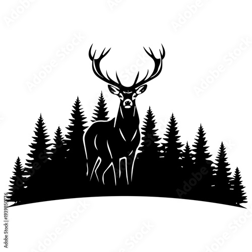 Majestic Stag in Wilderness Silhouette: A regal stag stands tall amidst a backdrop of towering evergreens, a symbol of wilderness. A bold monochrome silhouette image showcasing the harmony of nature.