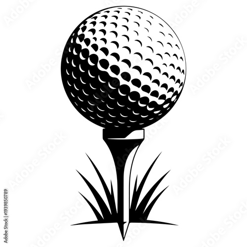 Golf Ball on Tee: A detailed black and white illustration of a golf ball resting perfectly on a tee amidst blades of grass, ready for the swing. 