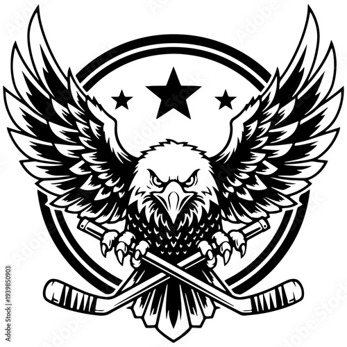 Aggressive Eagle Mascot Logo with Crossed Hockey Sticks Vector Sports Emblem