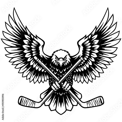 Eagle Holding Hockey Sticks Illustration - Majestic Bird of Prey Design for Sports and Team Spirit