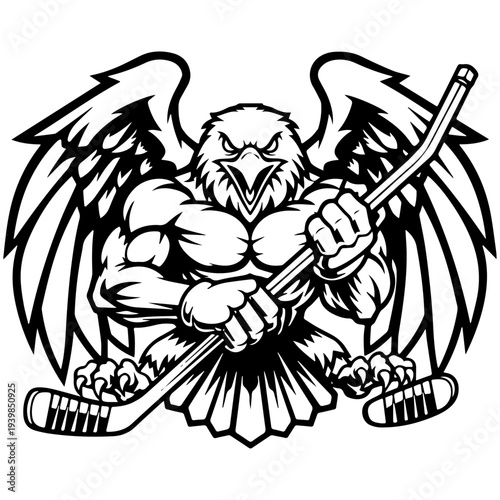 Eagle Hockey Mascot: A fierce eagle mascot embodies the spirit of a hockey team, clutching a hockey stick with determination and power. Representing strength, agility.