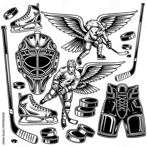 Wings and Ice: An intricate monochrome composition of hockey gear, an image of hockey player with angel wings. conveying speed, competition, and the thrill of the game.