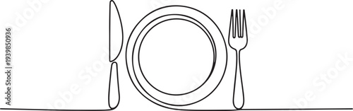 One continuous one line hand drawn plate, knife and fork Simple sketch design isolated.one line vector icon