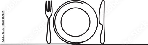 One continuous one line hand drawn plate, knife and fork Simple sketch design isolated.one line vector icon