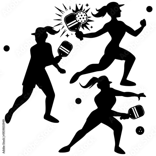 Dynamic silhouettes of women playing pickleball, capturing the energetic movement and action of the sport