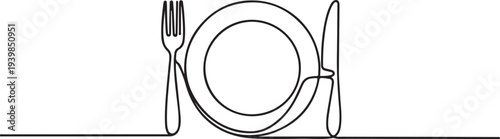 One continuous one line hand drawn plate, knife and fork Simple sketch design isolated.one line vector icon