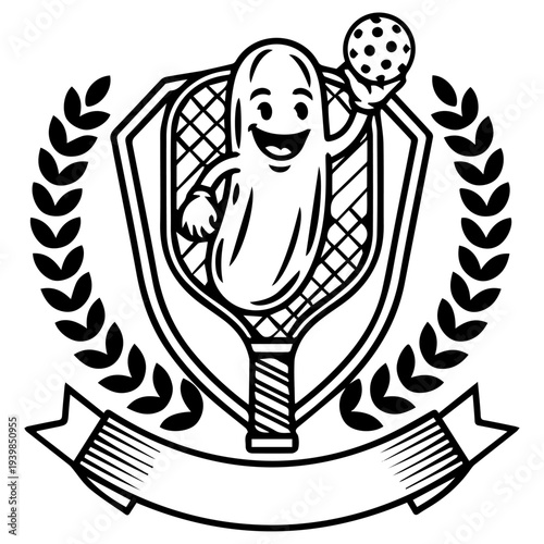 Funny Pickle Character Playing Pickleball Holding a Paddle and Ball in a Laurel Wreath Crest with a Ribbon Banner