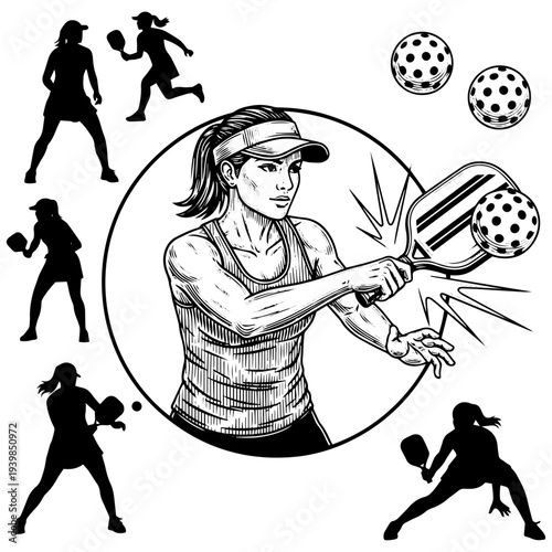 Pickelball Game: An engaging illustration captures the essence of a pickelball game, featuring a skilled player executing a powerful serve. Surrounded by dynamic action.