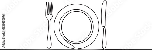 One continuous one line hand drawn plate, knife and fork Simple sketch design isolated.one line vector icon