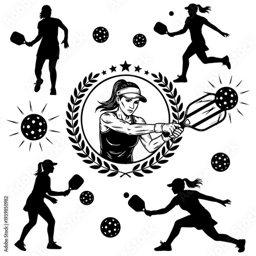 Pickelball Silhouette Design: A dynamic illustration presents a woman in motion, demonstrating the spirit of Pickleball and its diverse play styles, highlighting the energy and action of the game.