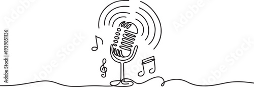 Continuous line drawing of musical, mic, broadcasting.one line vector icon droing