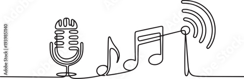 Continuous line drawing of musical, mic, broadcasting.one line vector icon droing
