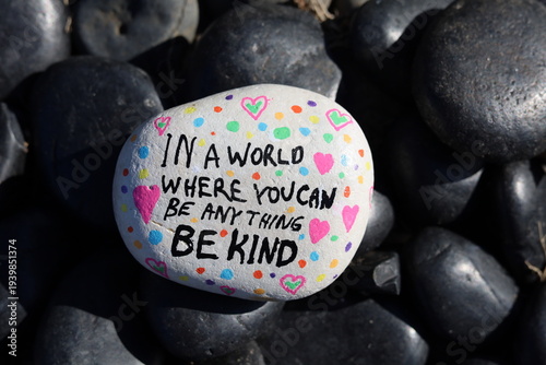 Be kind kindness rock on shiny black rocks