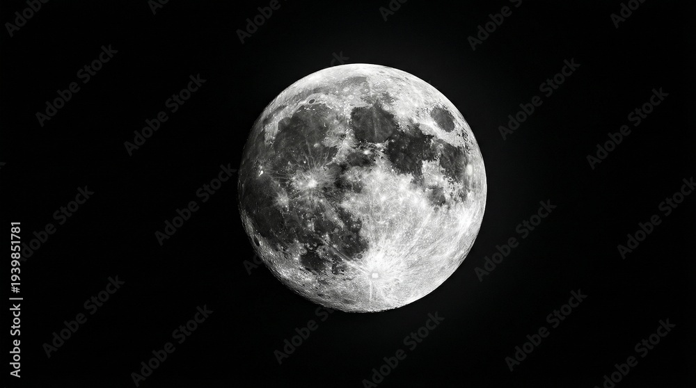 Naklejka premium High Detail Full Moon Surface with Visible Craters on Black Background
