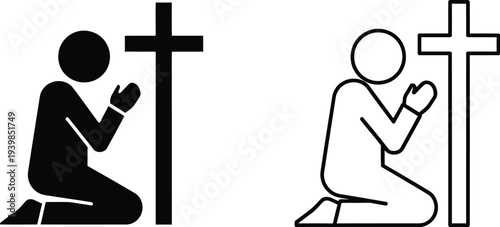 Kneeling praying man silhouette and outline with cross isolated on transparent background, Vector