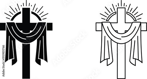 Cross with sunburst and ribbons isolated on transparent background, Vector