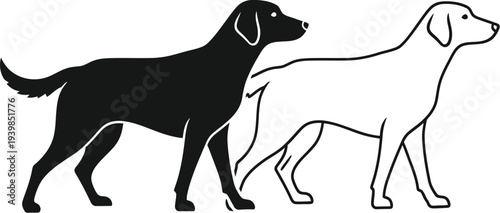 Black and white dogs walking together side by side isolated on transparent background, Vector