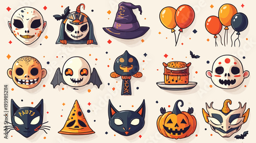 A delightful set of cartoon Halloween elements including masks, pumpkins, witch hats, and black cats.