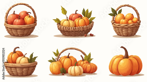 Assortment of vibrant fall pumpkins and gourds nestled in charming wicker baskets