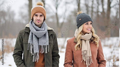 A happy man and woman dressed in cozy winter clothes stand together in a snow-covered field.