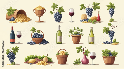A beautiful collection of fresh grapes wine bottles and various food items is illustrated.