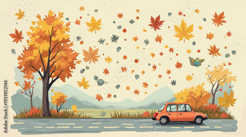 An orange car drives along a road through a vibrant autumn landscape with falling leaves.