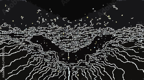 An intricate web of white lines forms a futuristic landscape with glowing points