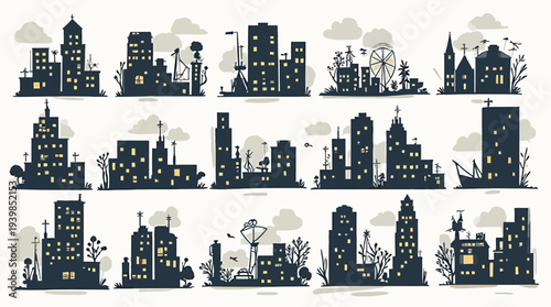 Collection of stylized cityscape silhouettes featuring illuminated buildings and clouds at night