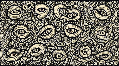 A dense abstract pattern features numerous stylized eyes and intricate swirling organic shapes.