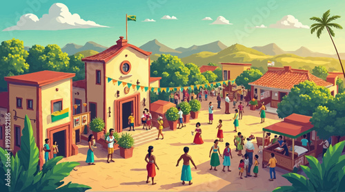Colorful illustration of a bustling village market or community event with diverse crowds
