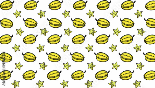 Starfruit Seamless Pattern. Carambola Fruit Illustration. Handdrawn Tropical Food Doodle. Repeating Exotic Fruit Texture. Minimalist Botanical Background. Fresh Fruit Pattern Design.