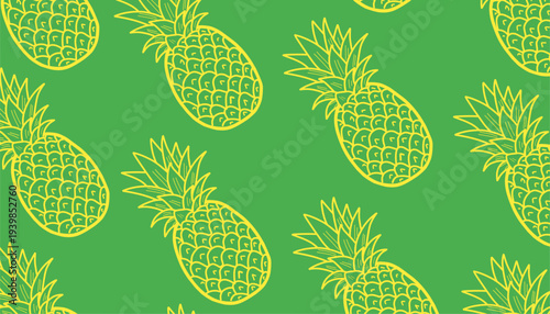 Pineapple Seamless Pattern Vector. Hand Drawn Tropical Fruit. Outline Doodle Illustration Style. Repeating Summer Food Motif. Decorative Textile Packaging Design.