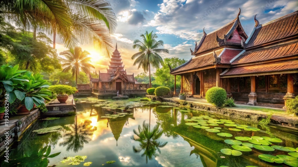 Fototapeta premium A photo of a serene temple complex surrounded by lush greenery in rural Thailand Ancient stone walls, intricate carvings, and lotus ponds create a tr